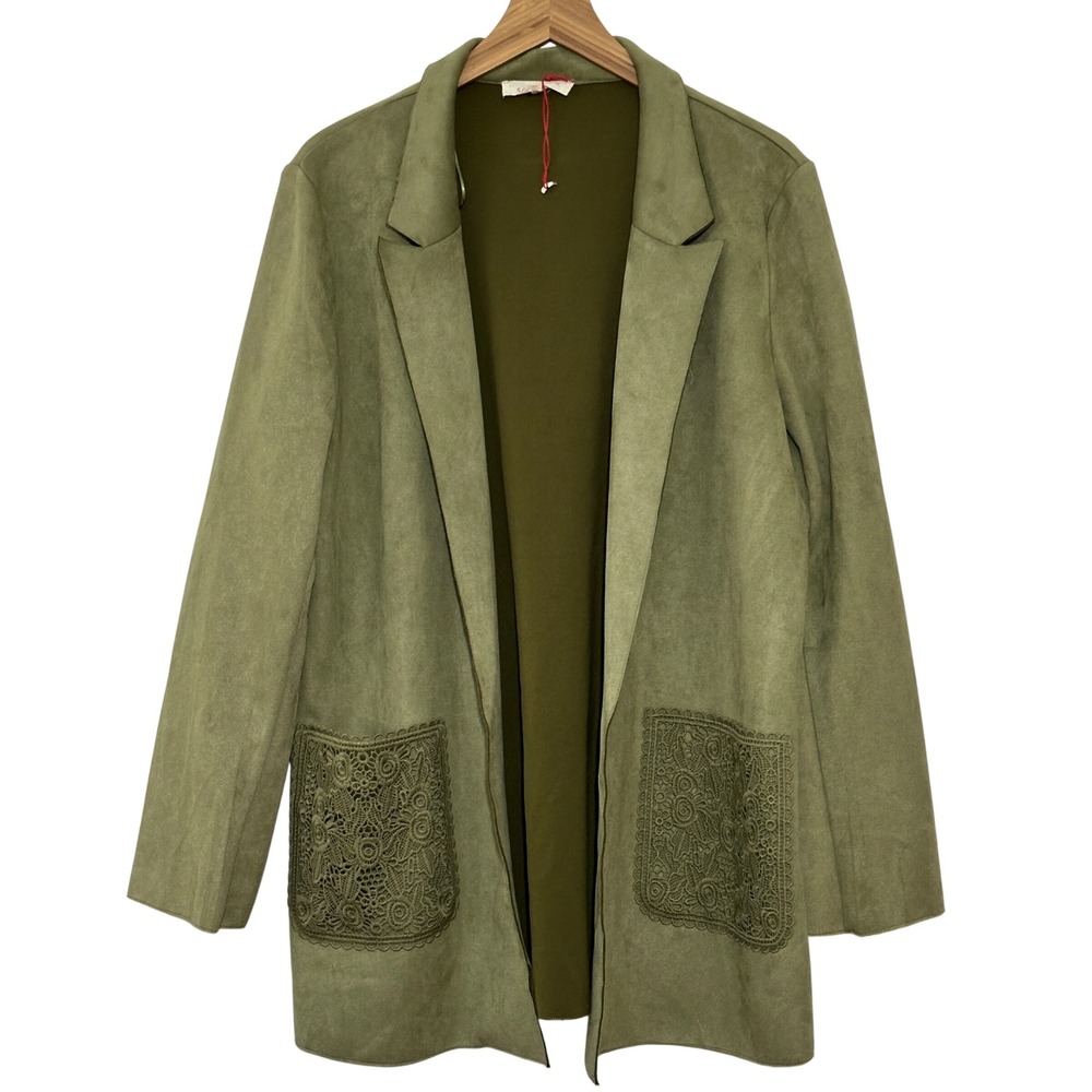 Solitaire Womens Jacket XL Olive Green Faux Suede Open Blazer Crochet Soft Girl